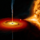 A black hole ejects material perpendicular to the disk of material around it.